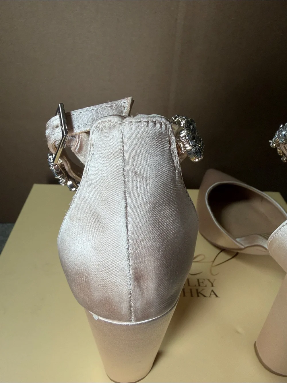 Jewel Badgley Mischka Blush Pink Satin Crystal-Ankle Heels 4 inch